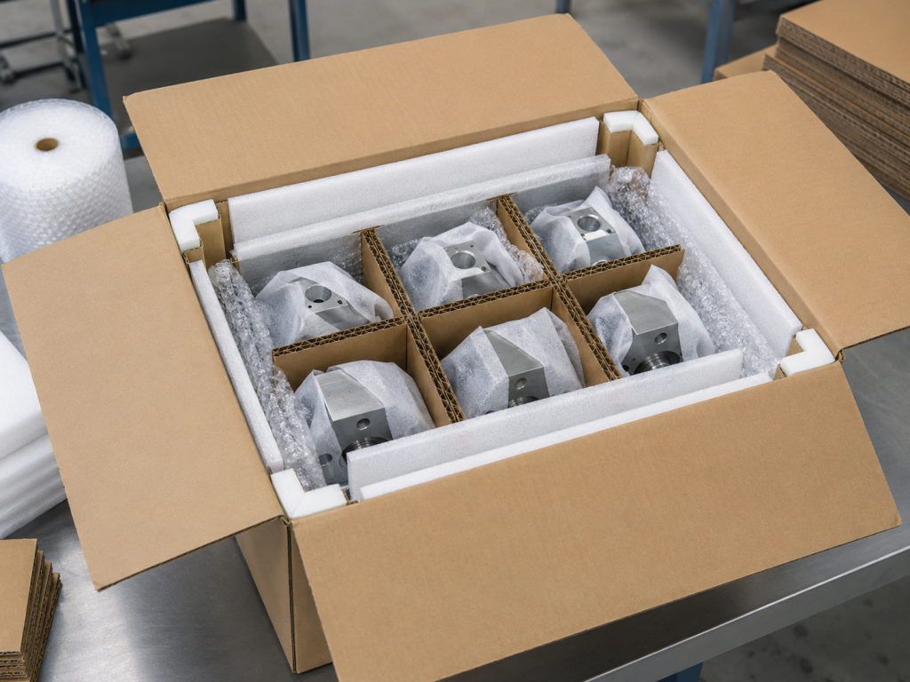 Industrial parts packaging stack with foam sheets, bubble wrap, edge guards, corrugated liners, and carton support