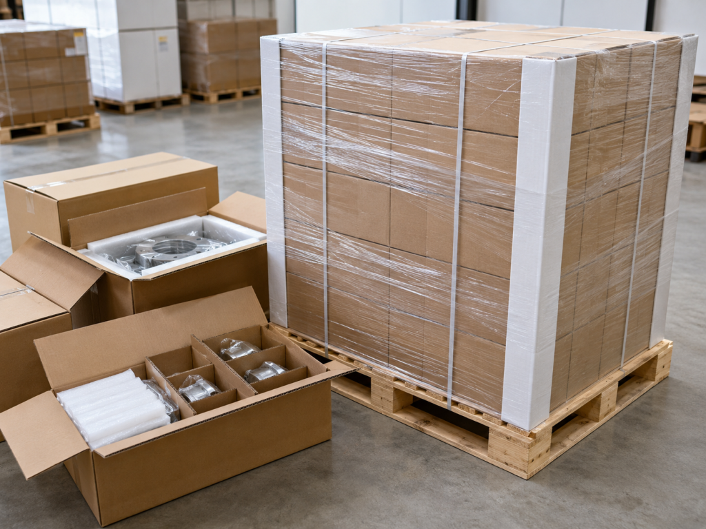Export pallet of industrial parts cartons with stretch film, corner protection, and carton marks for long-distance shipping