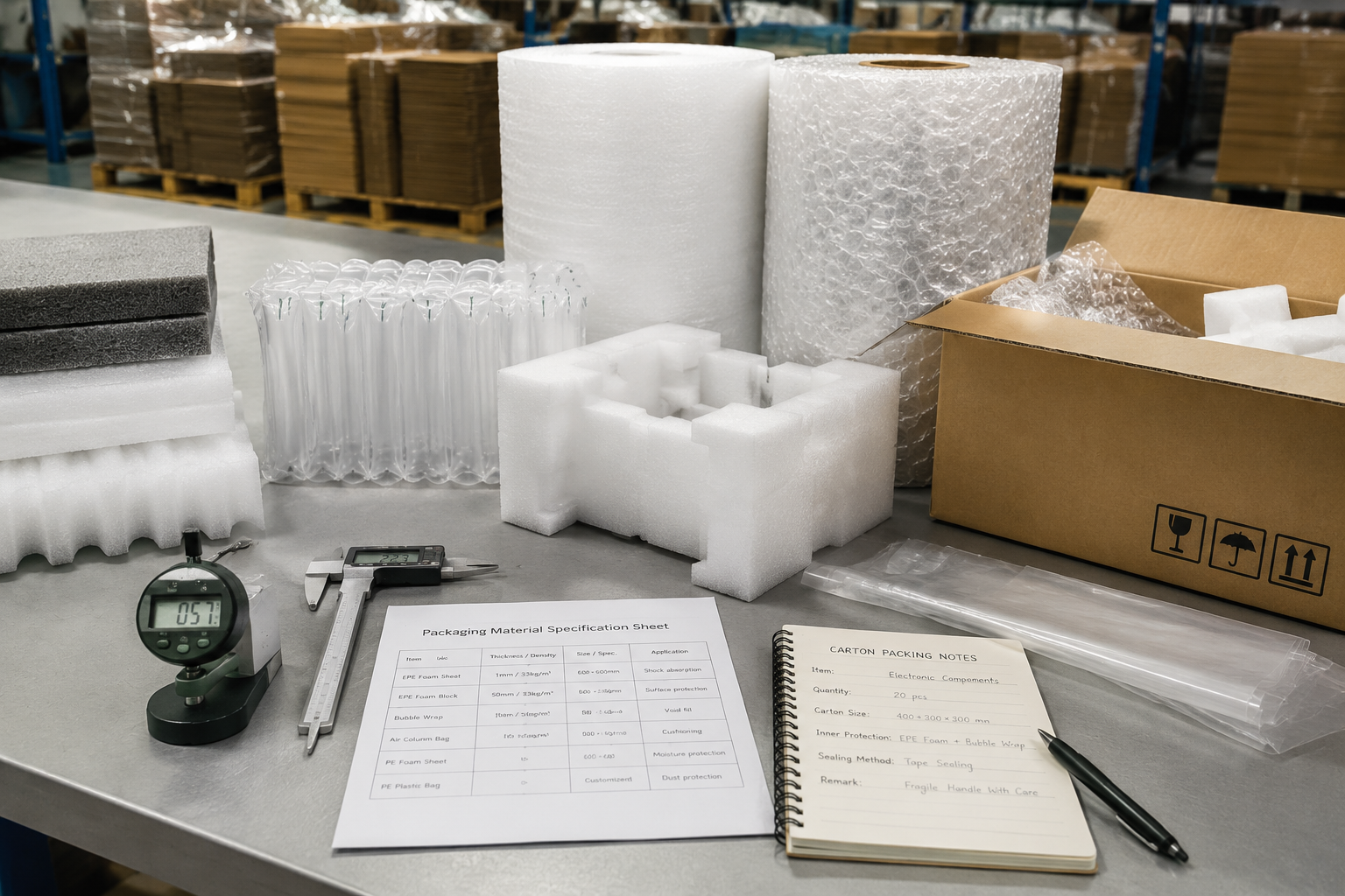 approved packaging samples on a factory table with calipers, thickness gauge, specification sheet, and carton packing notes