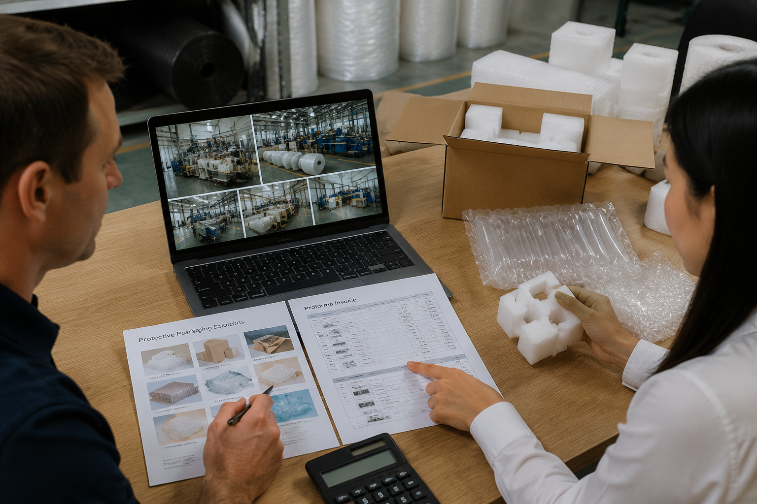 overseas buyer comparing supplier documents, packaging samples, factory video screenshots, and proforma invoice details on a desk