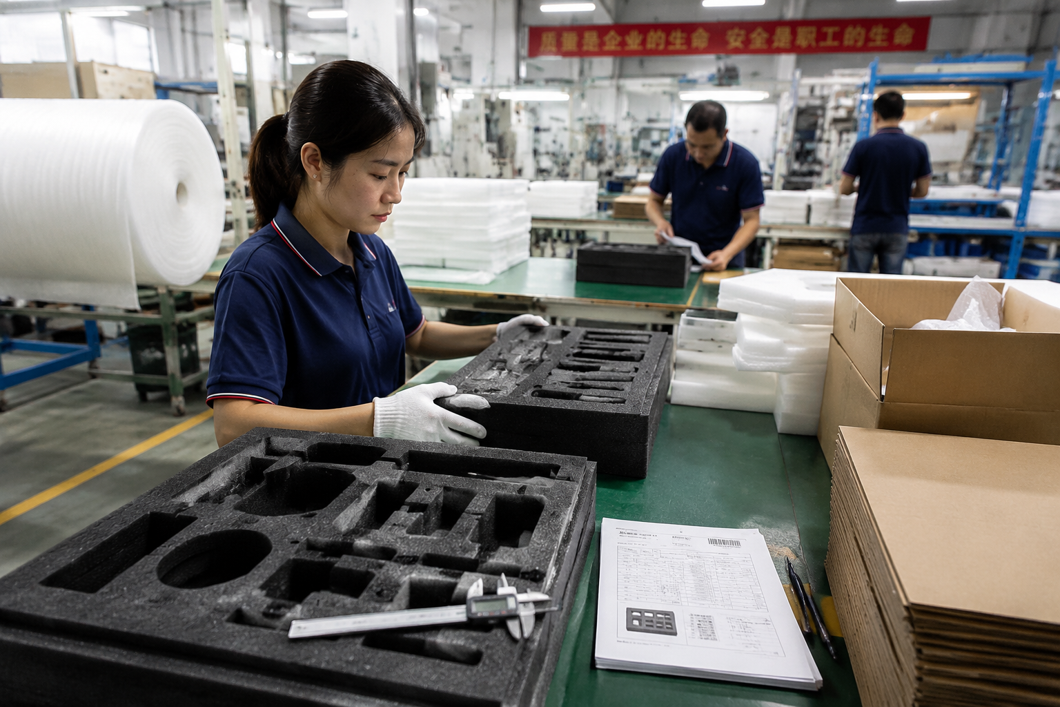 packaging production line with operators checking foam inserts, measuring tools, and production order sheets