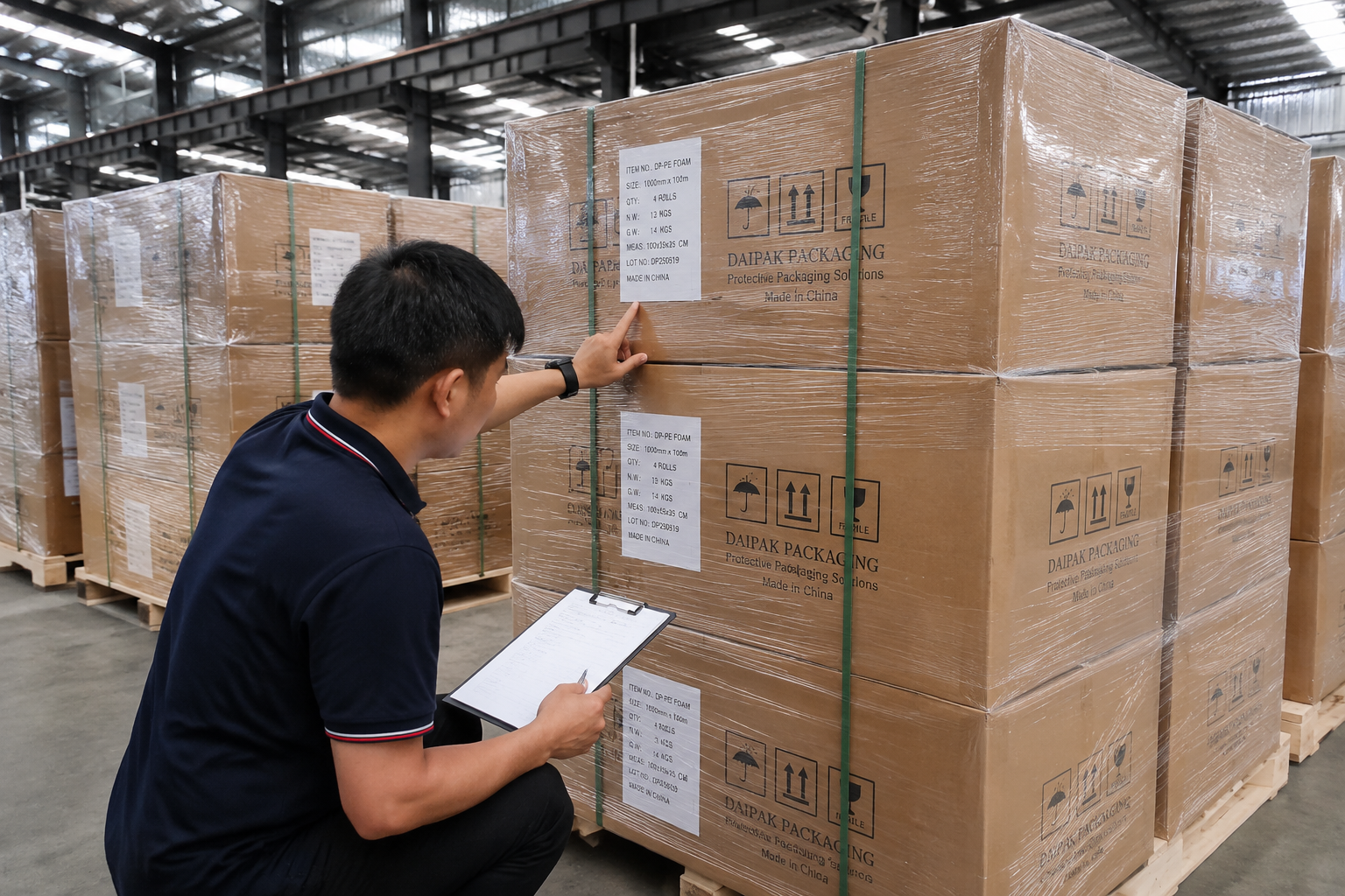 finished packaging warehouse with labeled cartons, palletized export goods, and carton mark verification