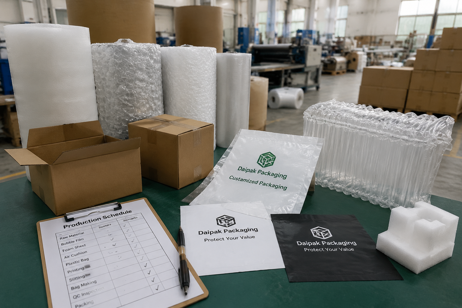 custom printed packaging samples beside material rolls and production schedule checklist