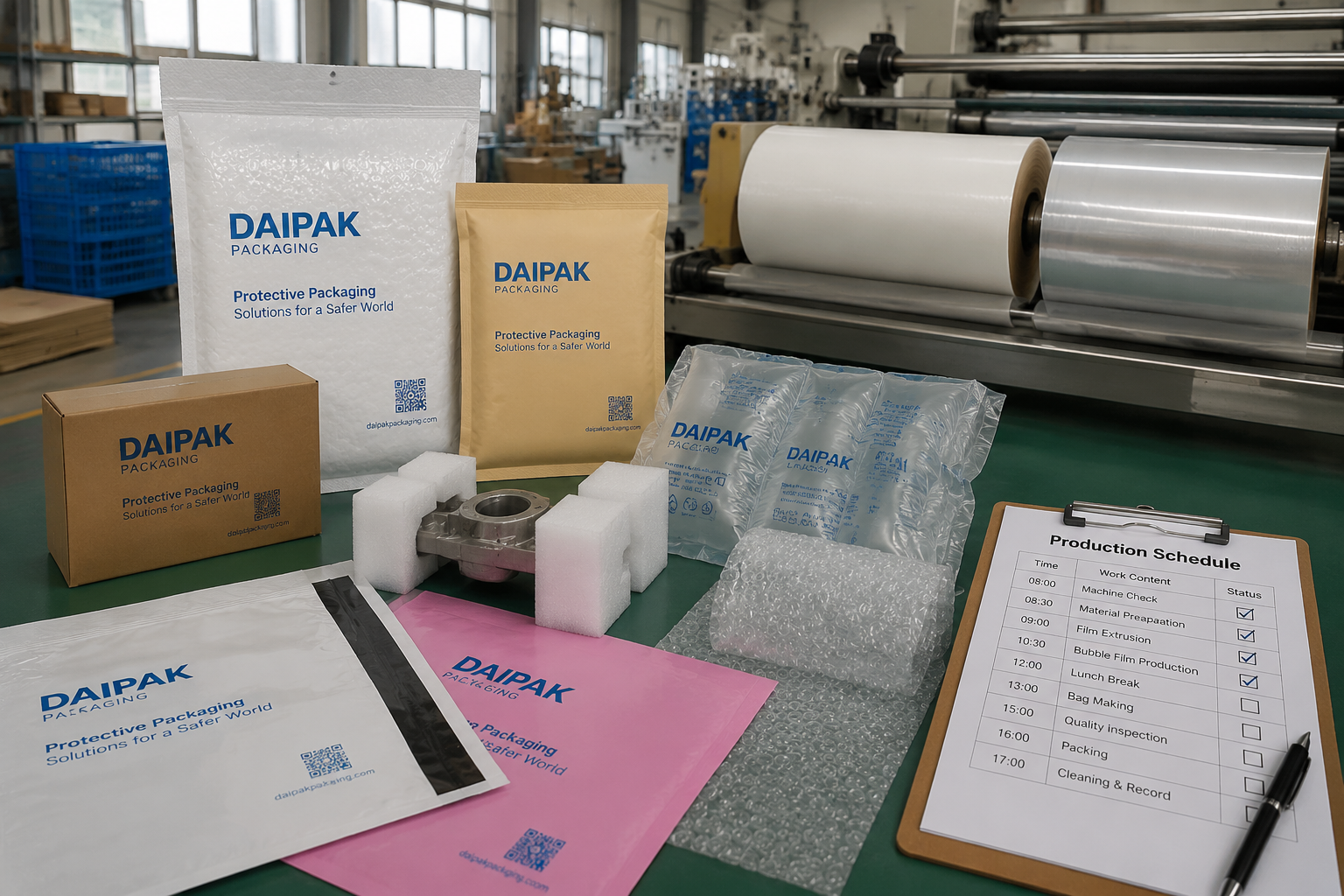 custom printed packaging samples beside film rolls and a factory production schedule checklist
