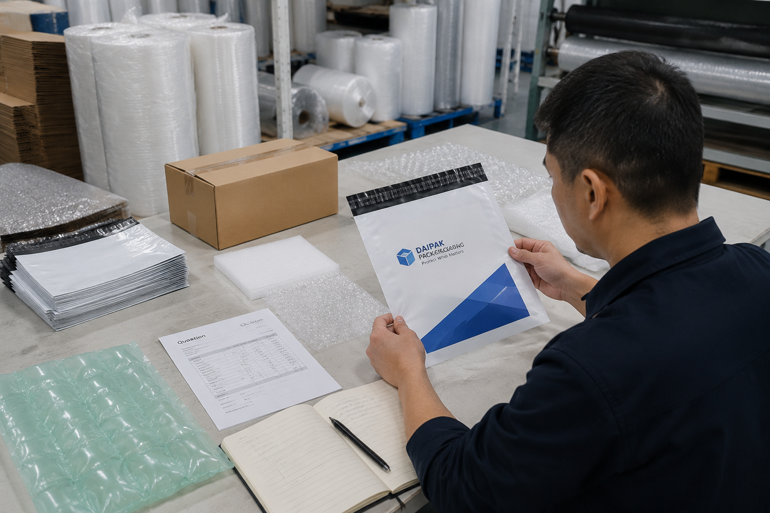 Packaging buyer reviewing printed poly mailer artwork and supplier quote details on a factory desk