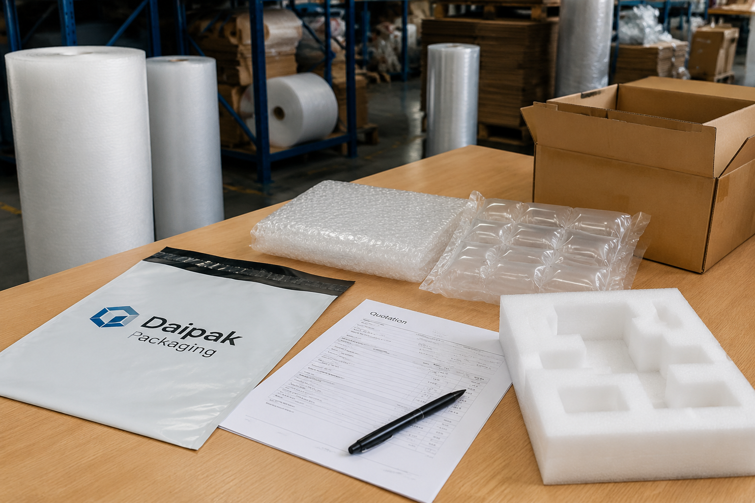 Factory desk with packaging samples including printed poly mailer, EPE foam insert, bubble wrap, and corrugated box beside quotation documents