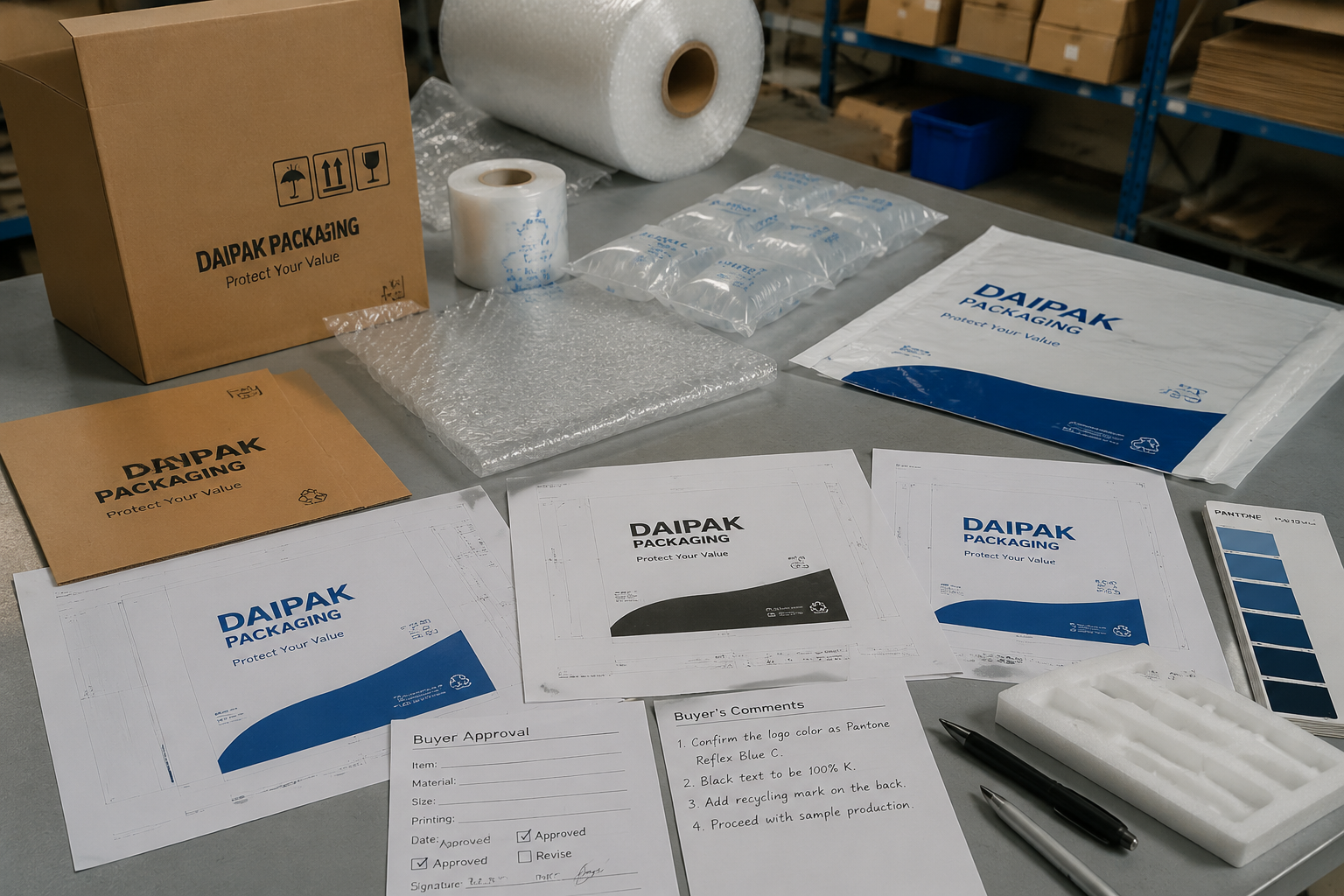 packaging samples with printed logo proofs, carton marks, plastic bag artwork layout, and buyer approval notes on a factory table