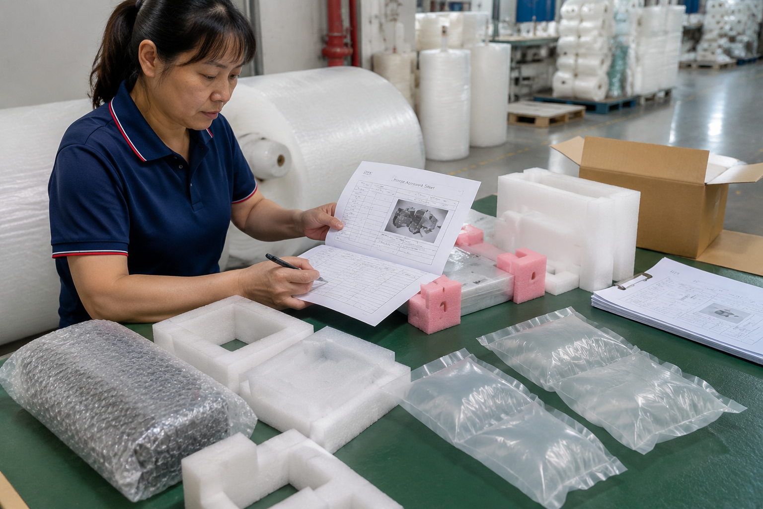 factory packing table showing first batch protective packaging samples checked against approved sample notes before mass production continues