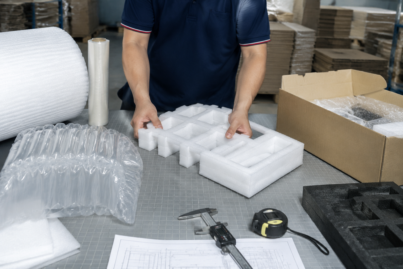 custom protective packaging samples with measurement tools used for pre-production confirmation