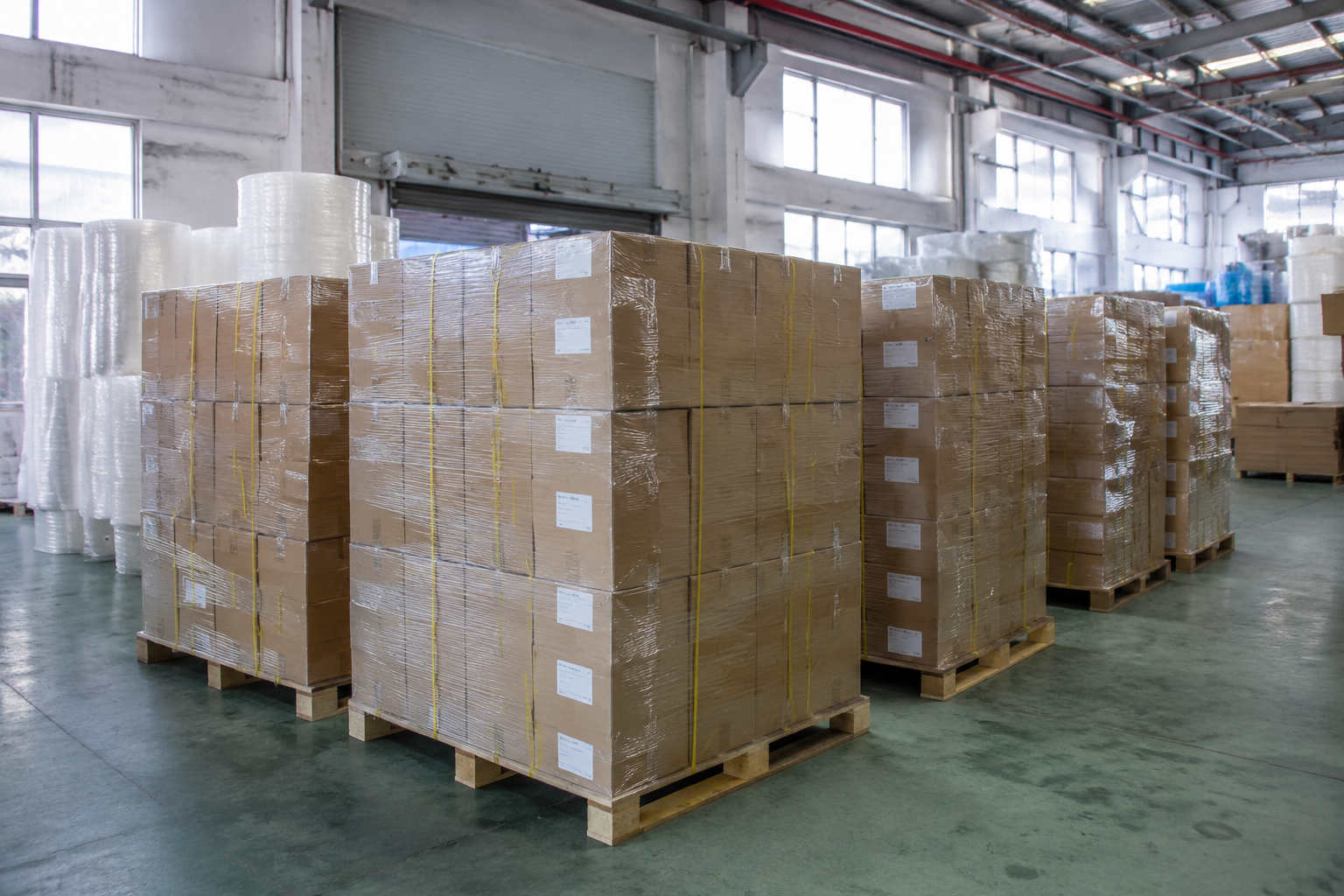 warehouse cartons of finished packaging materials prepared for inspection before export shipment