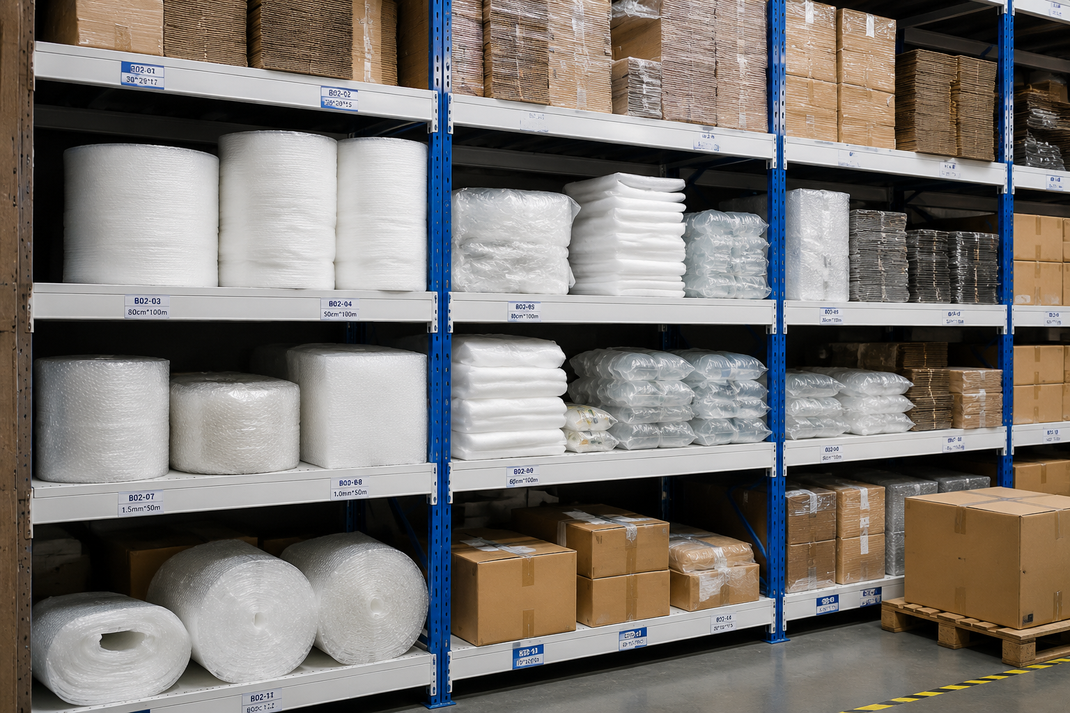 Warehouse shelf showing controlled packaging SKU inventory for repeat e-commerce packing orders
