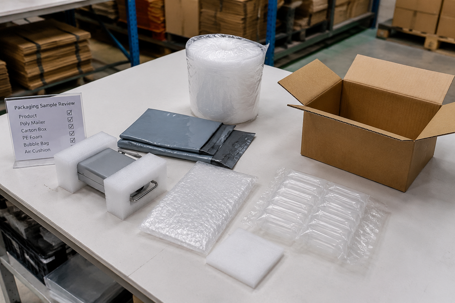 Packaging sample review table with product, mailer, carton, and cushioning material prepared for supplier confirmation