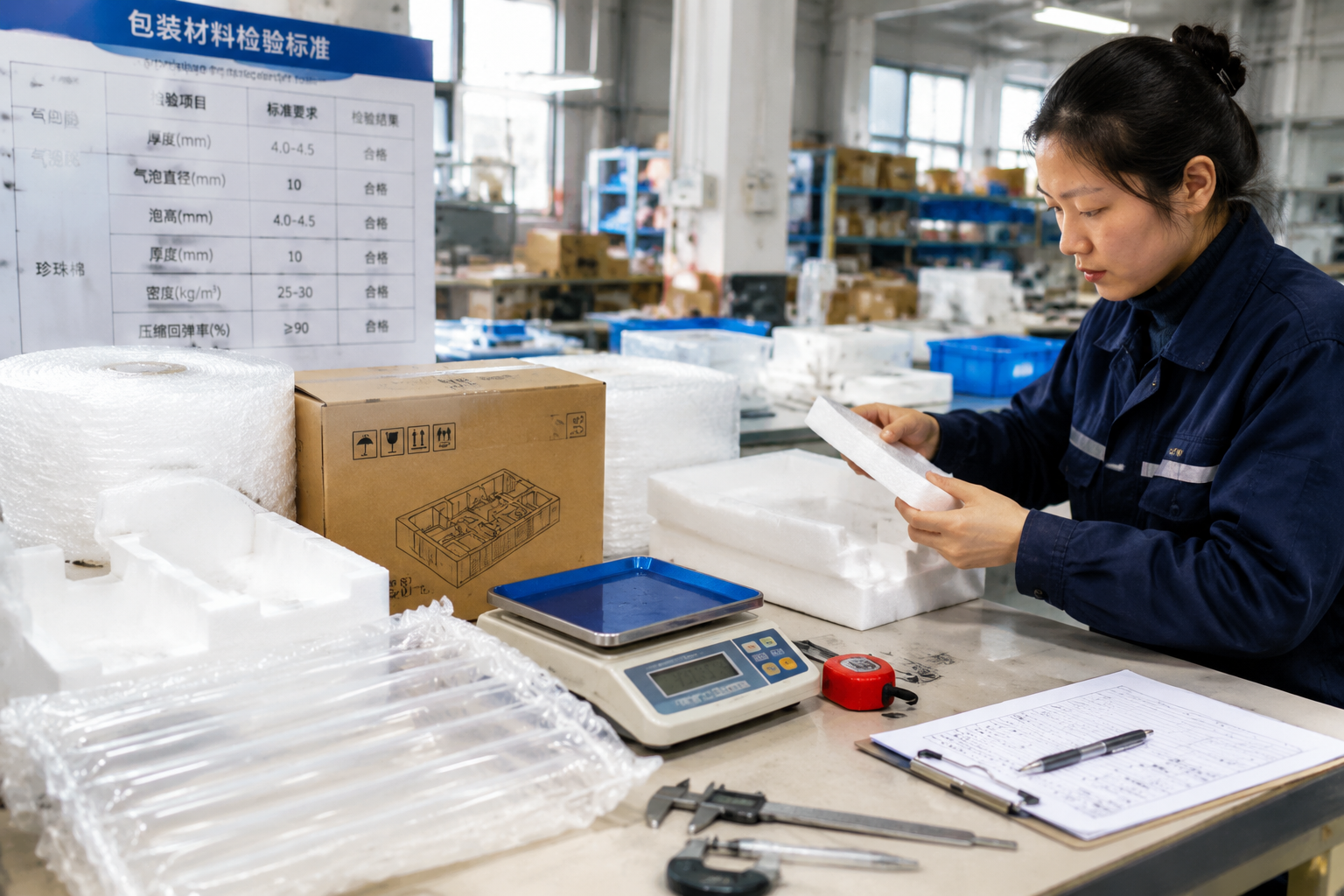 factory quality control table with packaging samples, measurement tools, printed cartons, foam inserts, and production check records