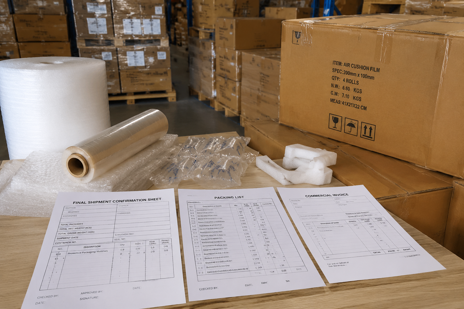 final shipment confirmation sheet on warehouse desk with packed cartons, carton marks, packing list, and commercial invoice