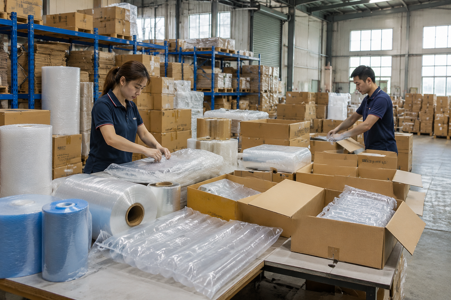 packaging warehouse team consolidating cartons, rolls of stretch film, poly bags, and protective packaging materials for export shipment