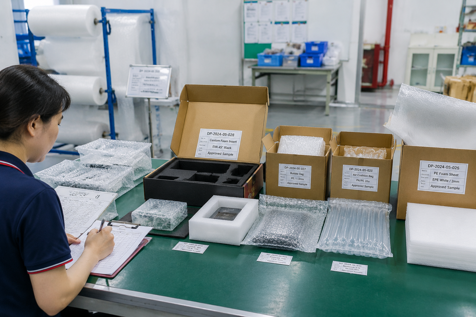 Daipak factory packing table with approved samples, foam inserts, bubble bags, and labeled cartons prepared for quality review