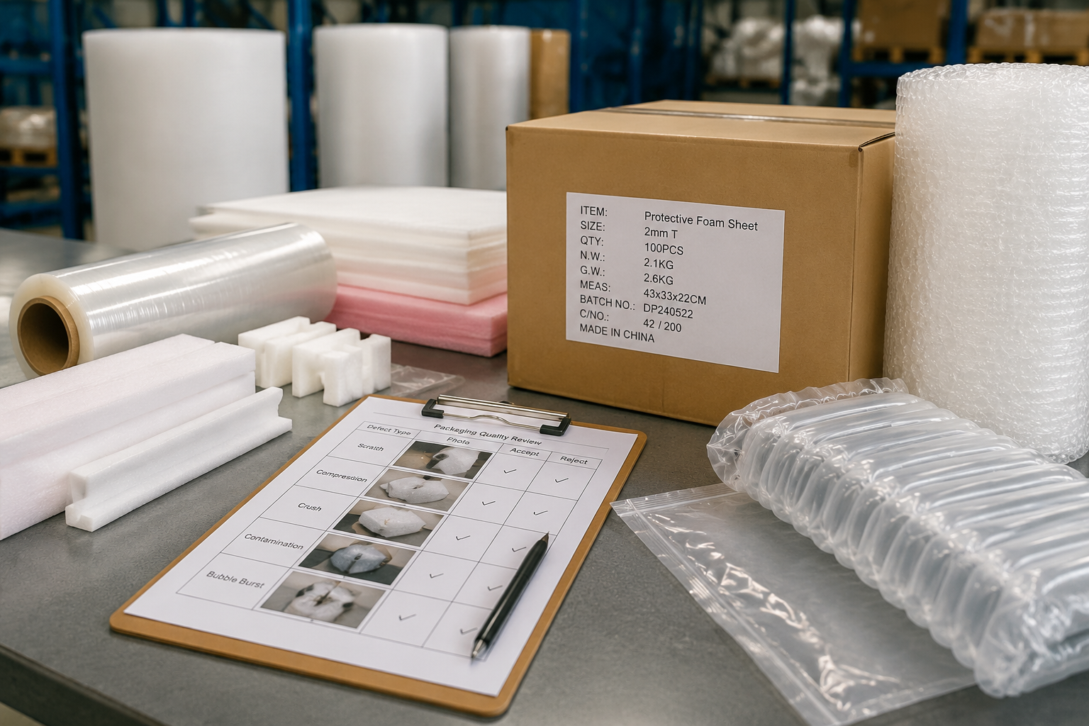 packaging quality review table with defect photos, sample packaging materials, and carton batch labels