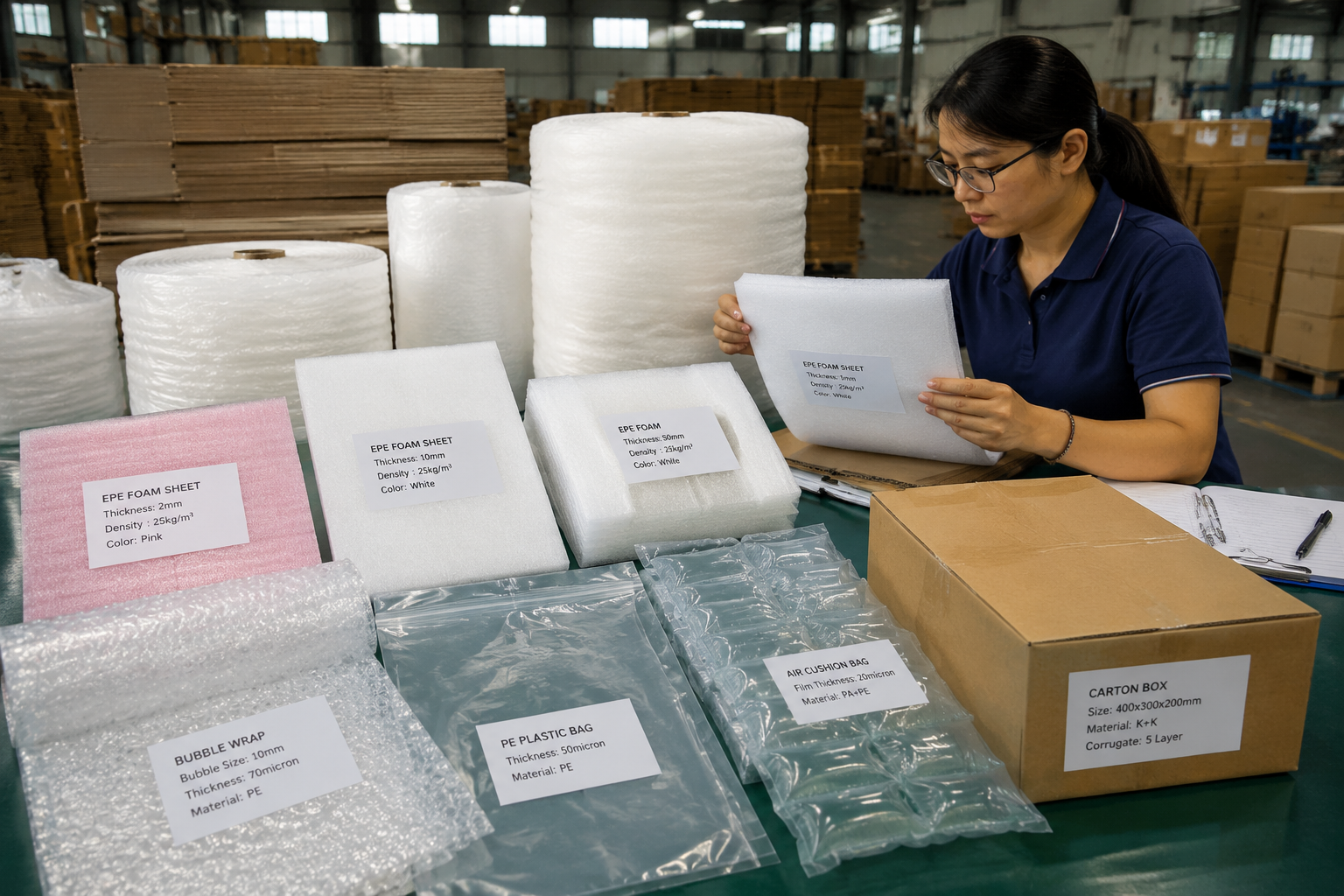 Packaging buyer comparing approved foam, bubble wrap, plastic bag, and carton samples with labeled specifications on a packing table