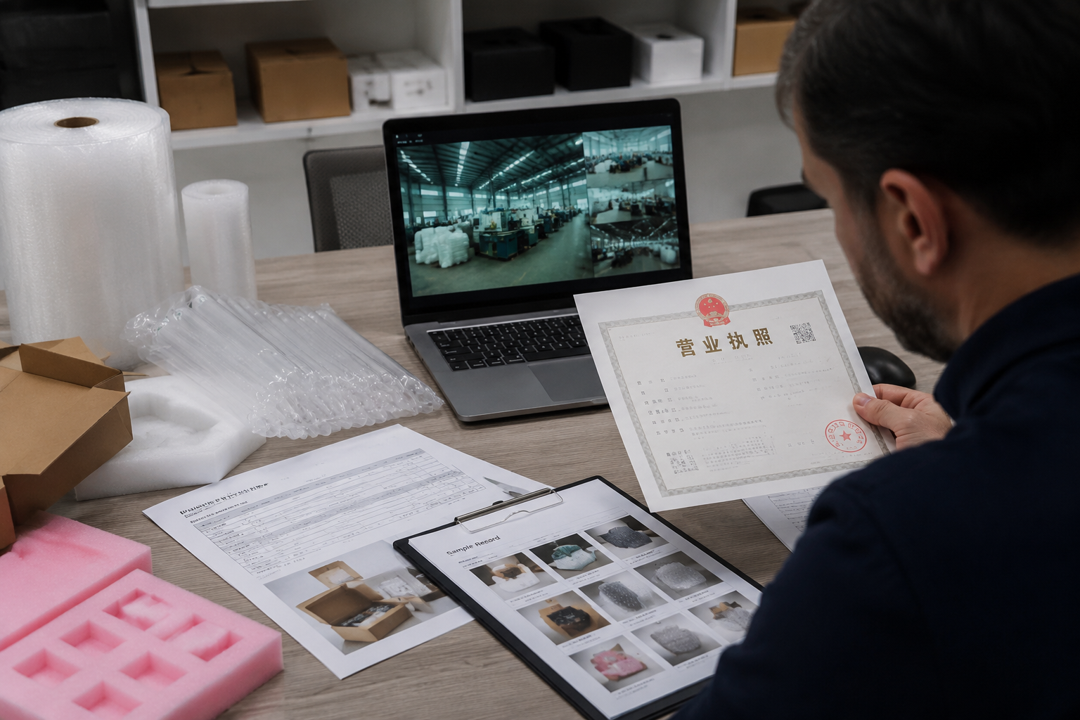 Overseas packaging buyer reviewing supplier business license, quotation, sample record, and factory video screenshots on a desk