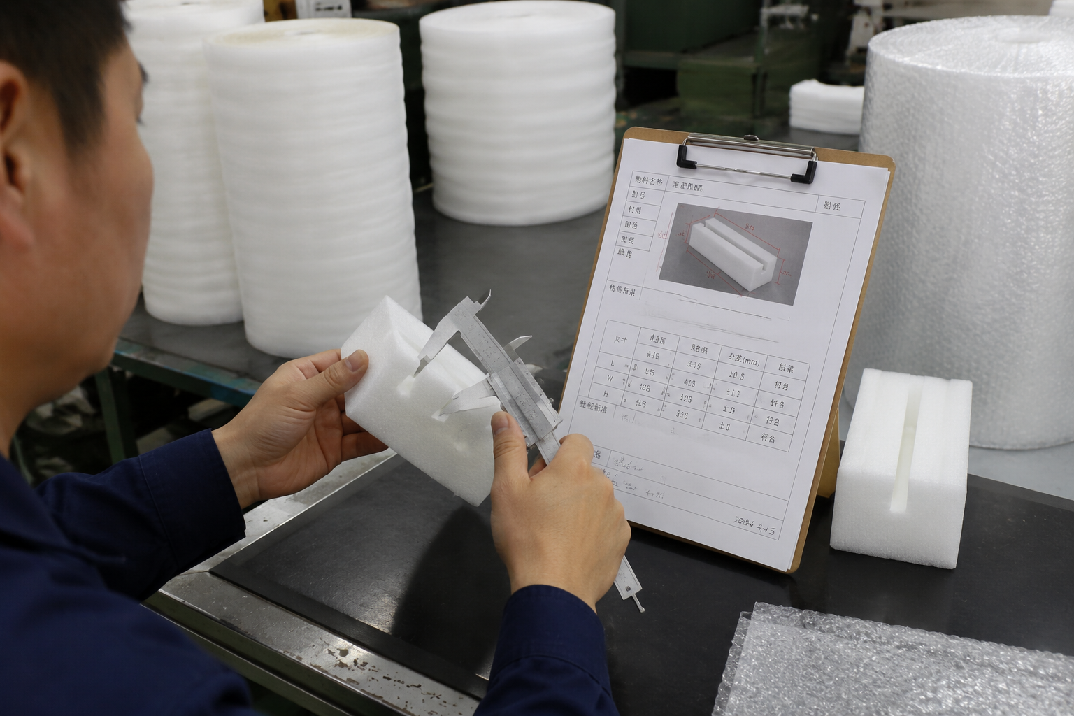 close-up of packaging specifications being checked against an approved sample before bulk production