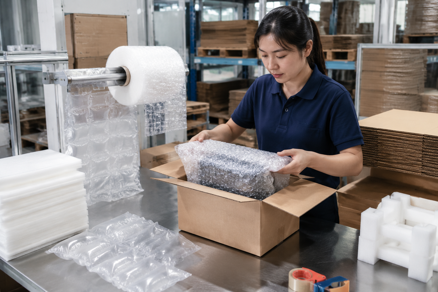 warehouse packing station using protective packaging materials for export cartons