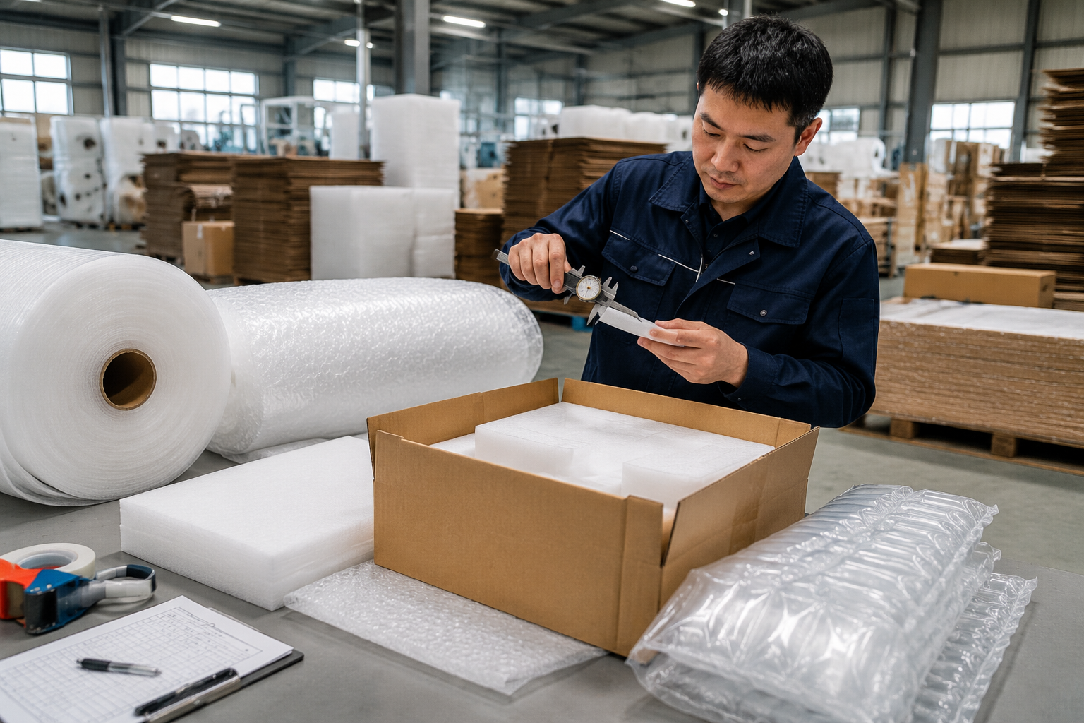 packaging manufacturer checking material thickness and carton packing before bulk shipment