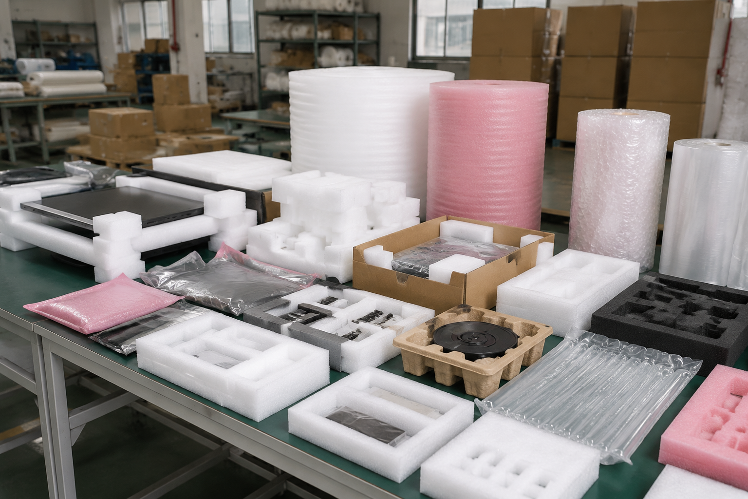 warehouse table showing custom protective packaging samples prepared for inspection before mass production