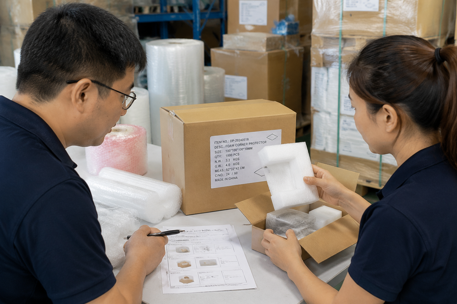 buyer comparing approved packaging sample, written specification sheet, and bulk production carton labels