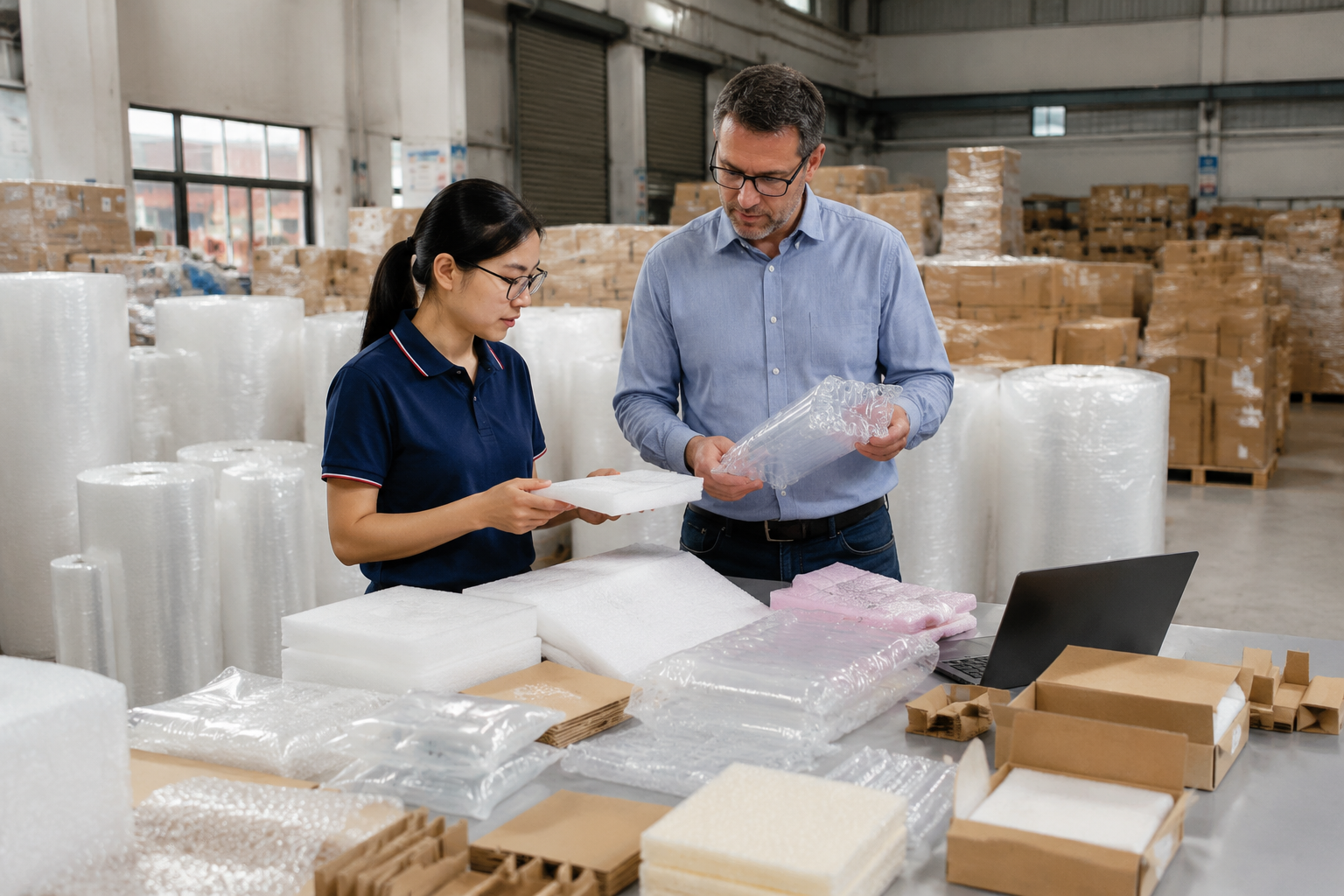 Packaging buyer reviewing product samples and packaging material options at a factory table before discussing wholesale order requirements