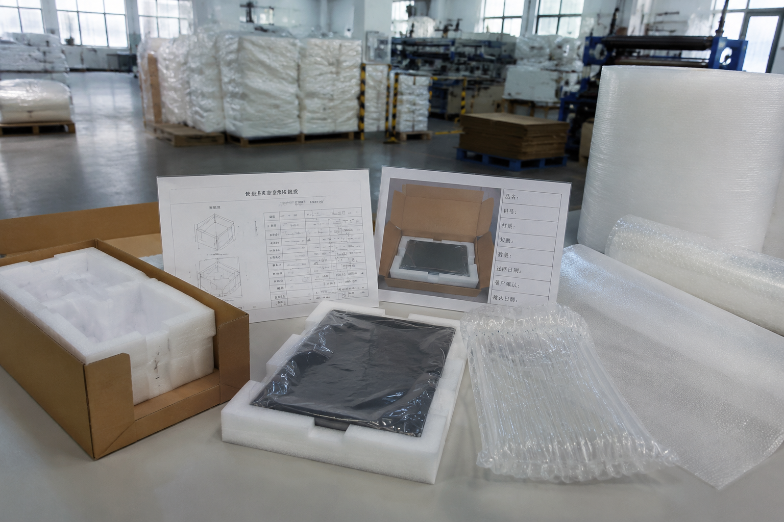 Factory side view of a specification sheet, approved sample, and packaging materials arranged for quotation review before bulk production