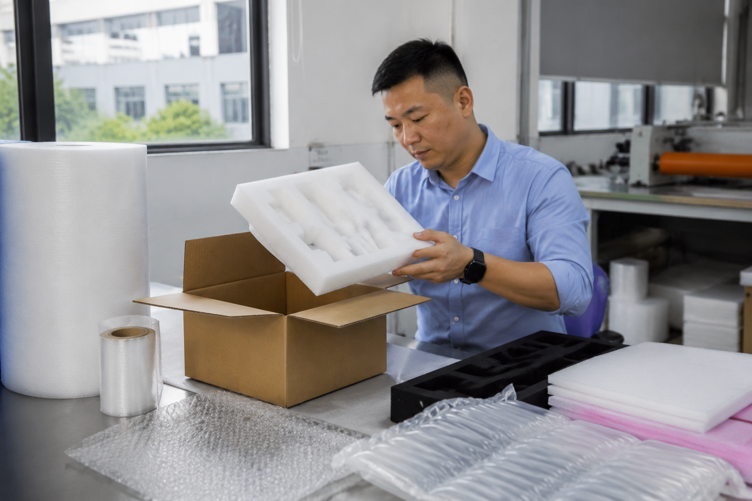 packaging buyer checking a foam insert sample and carton fit beside a production table in a factory office