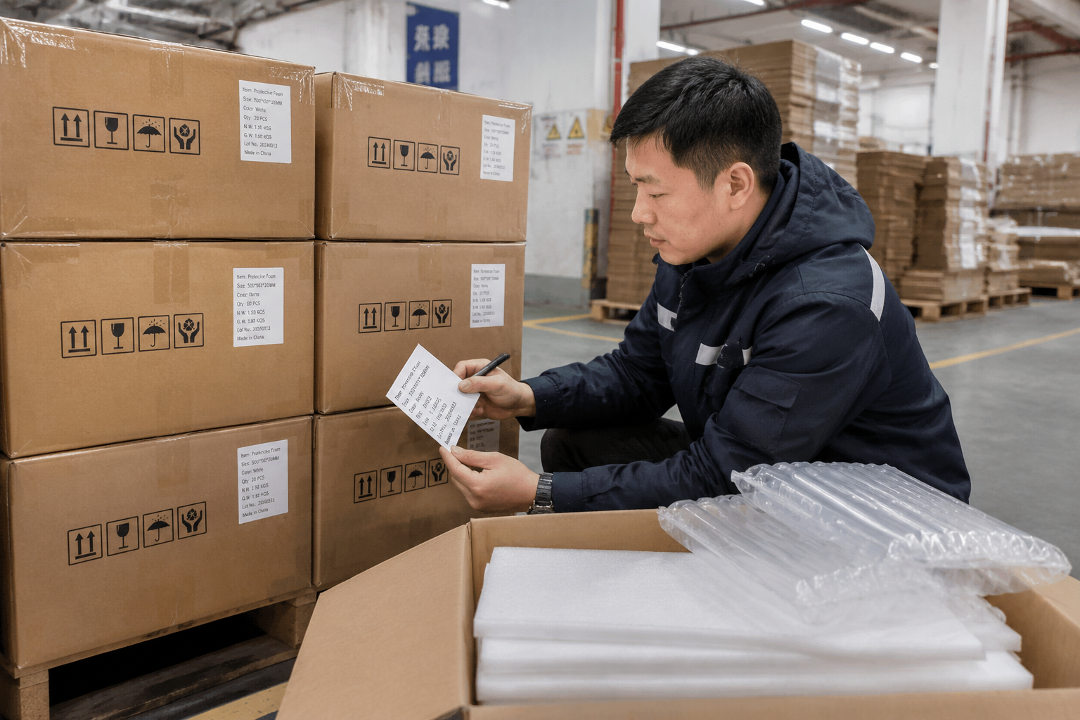 factory supervisor reviewing batch labels, carton marks, and finished packaging checks near stacked corrugated boxes