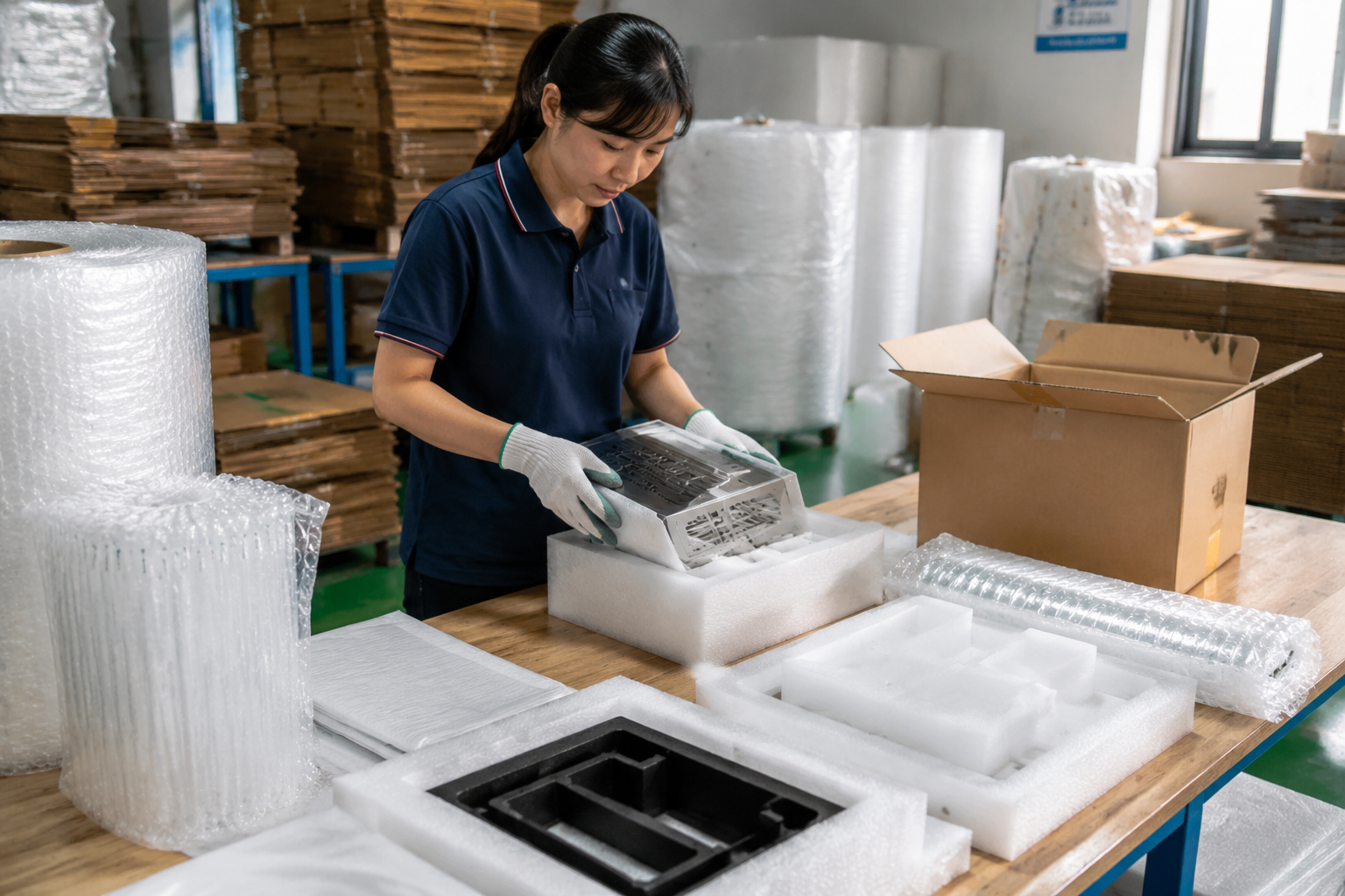 B2B packing table with custom foam inserts, bubble wrap rolls, air column bags, and sample products being checked for carton fit