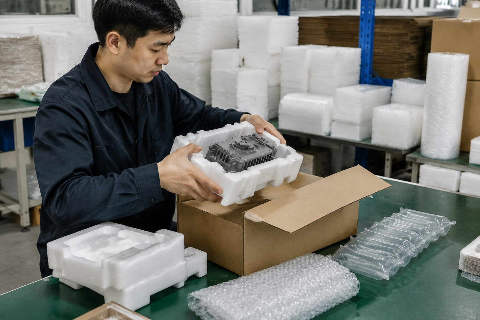 B2B buyer checking custom foam packaging sample fit with product and outer carton before bulk production