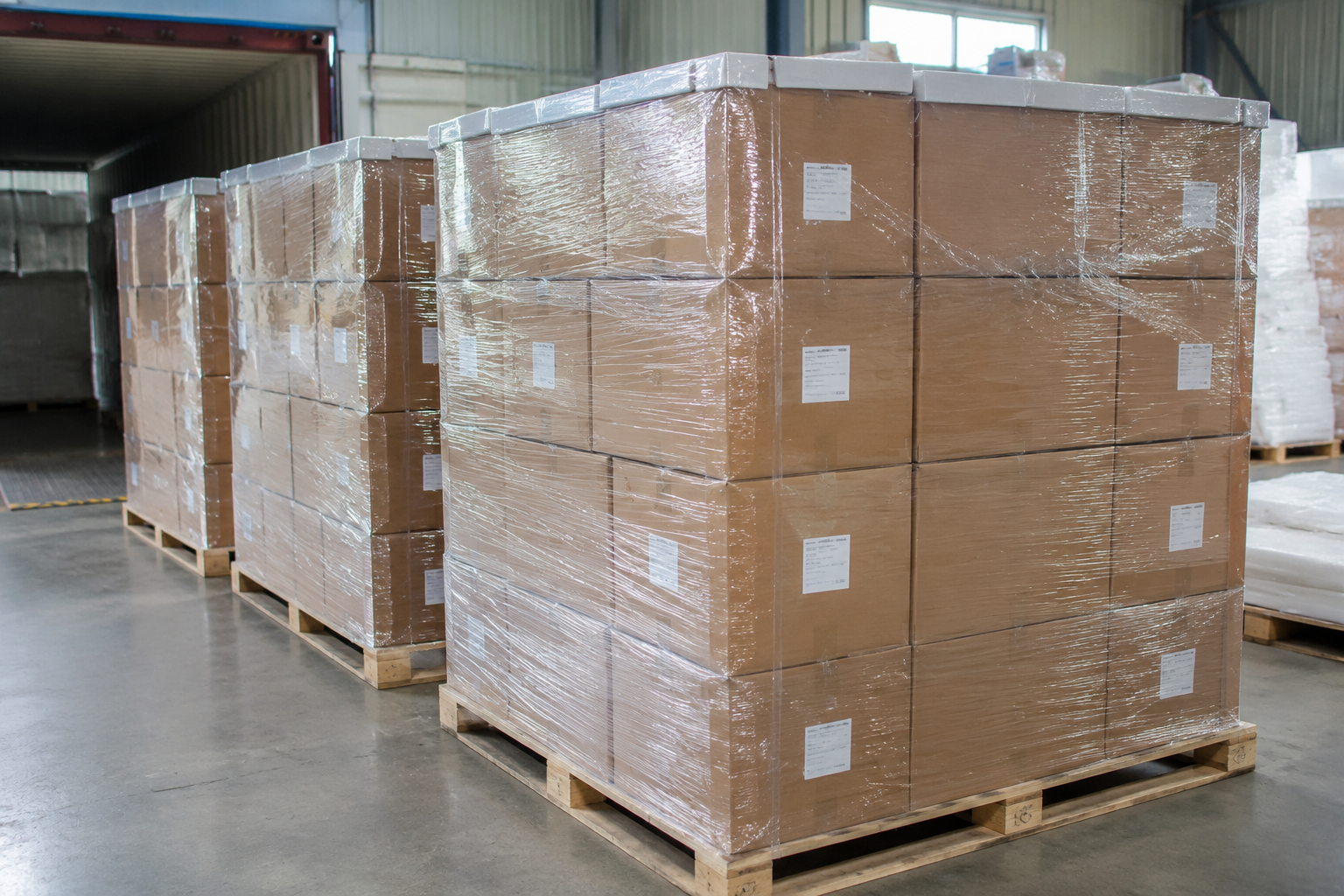 export cartons of plastic film packaging on wrapped pallets inside a dry warehouse loading area