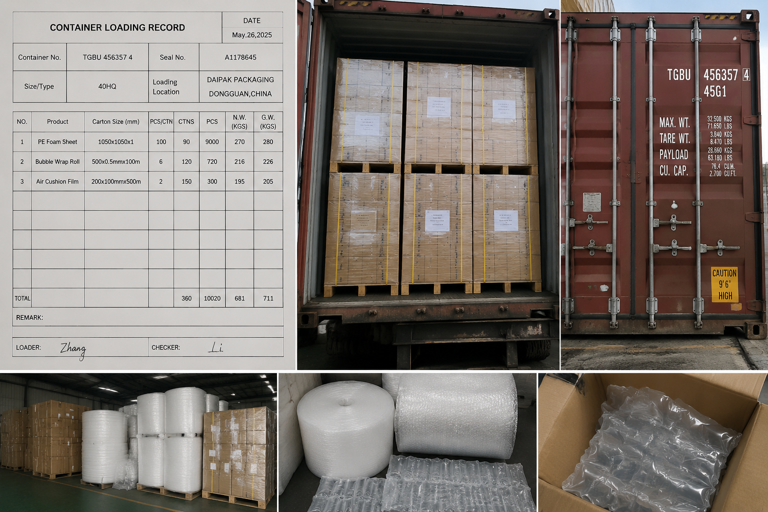 Container loading record showing cartons, pallet arrangement, container number, and sealed door before export shipment