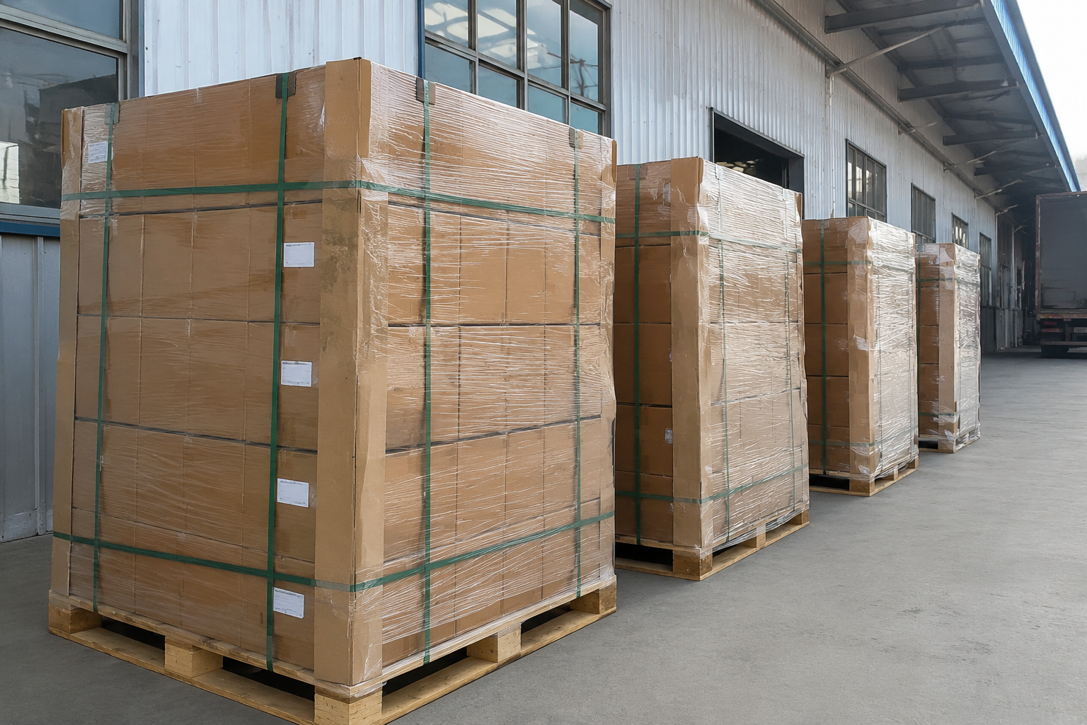 export pallets of packaging cartons wrapped with stretch film, corner boards, and straps in a factory loading area