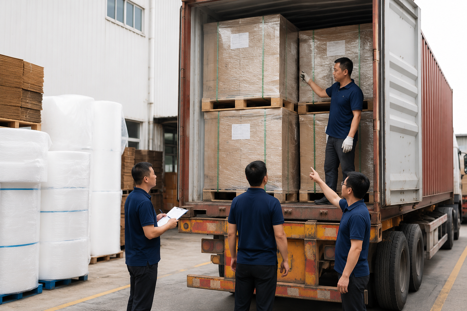 loading team checking pallet alignment, carton marks, and remaining container space during sea freight loading