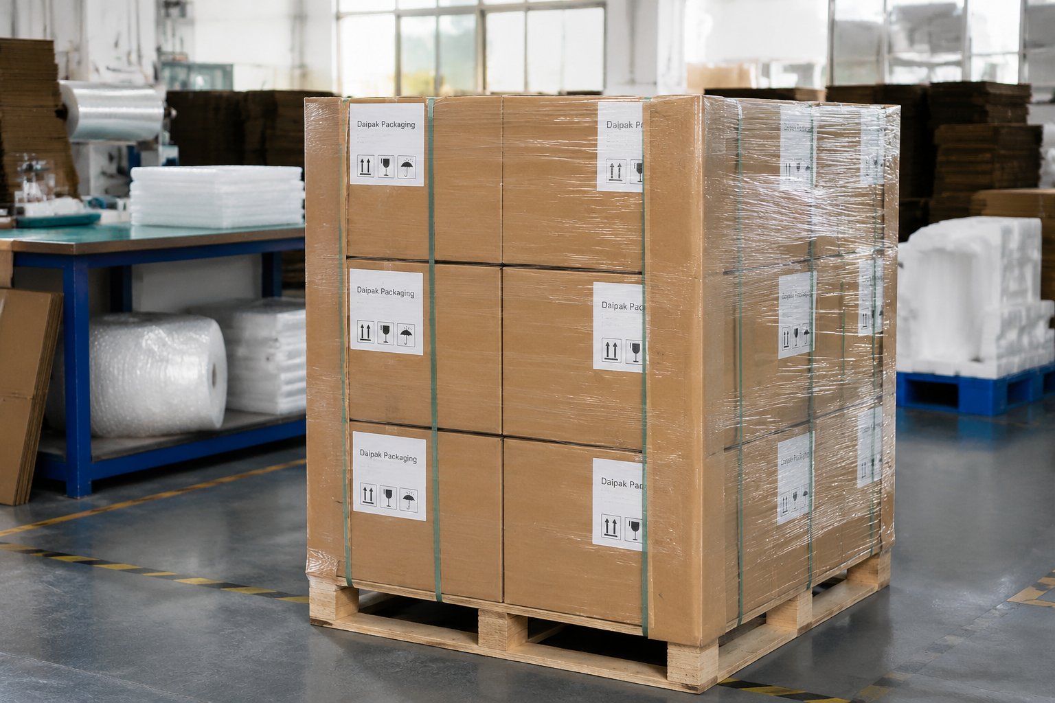 Export cartons on a pallet with corner boards, stretch wrap, and shipping marks ready for air freight