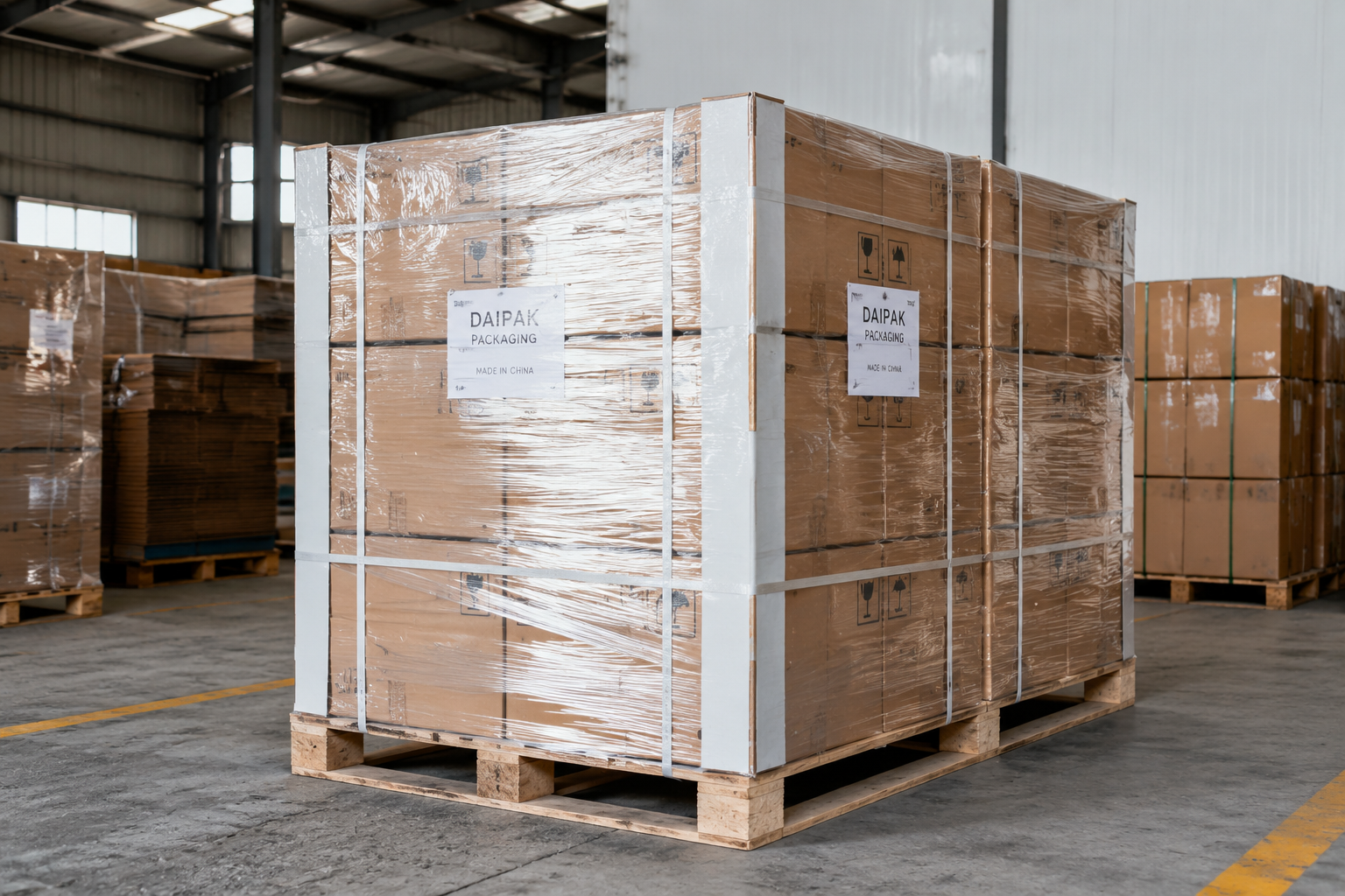 Export cartons stacked on a pallet in a warehouse with corner boards, stretch wrap, and shipping marks ready for air freight
