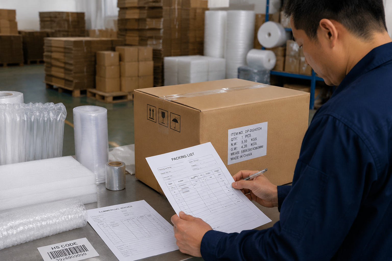 Packing list, commercial invoice, HS code label, and carton marking check before shipment