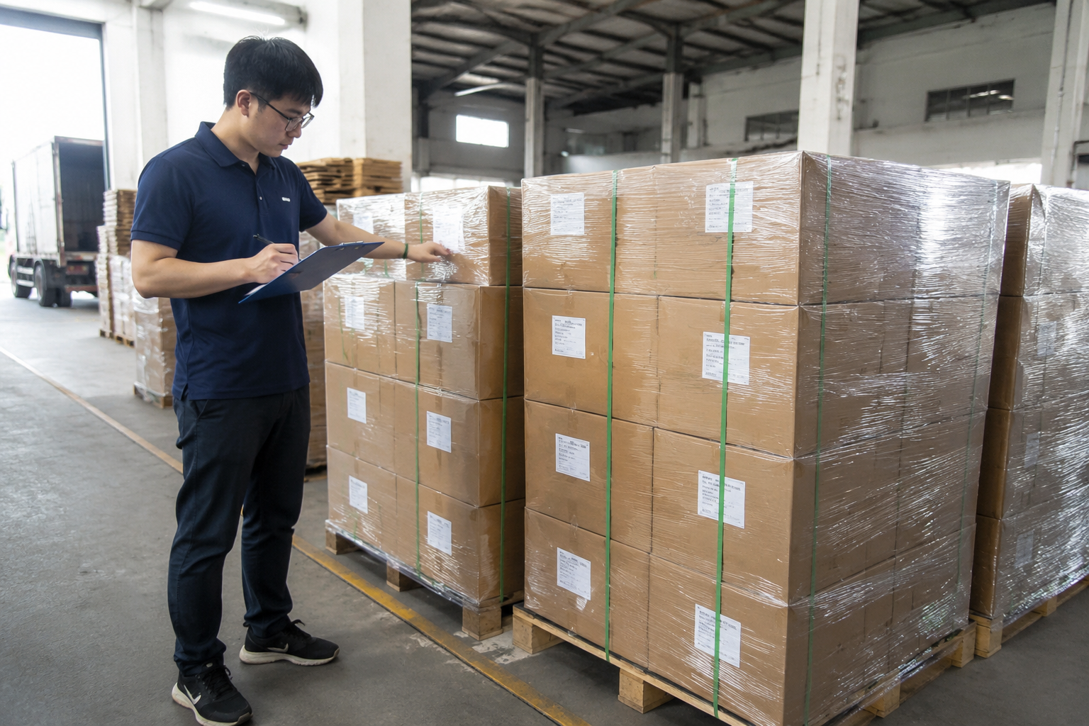 warehouse worker checking master carton condition, carton labels, and stretch-wrapped export cartons stacked on pallets beside a loading lane