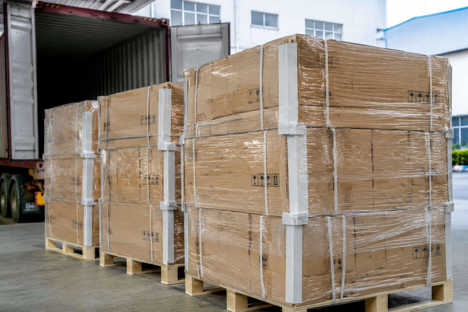 export packaging cartons on pallets wrapped with stretch film and protected corners before container loading