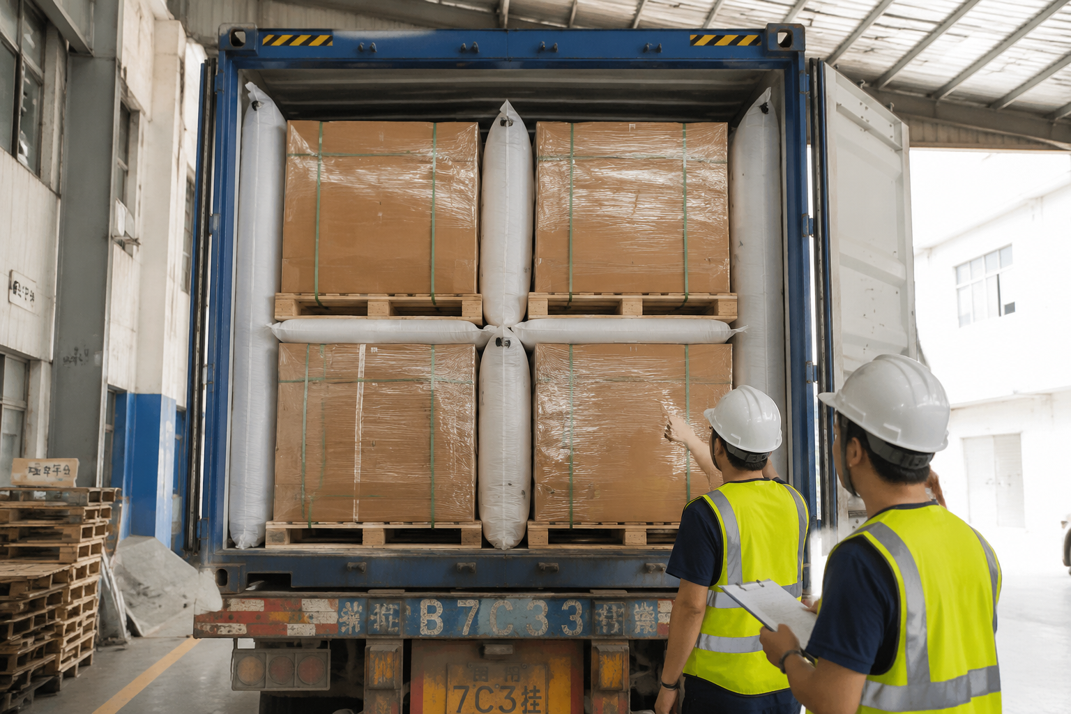 Container loading scene with export cartons on pallets, balanced rows, dunnage placement, and warehouse staff checking load stability