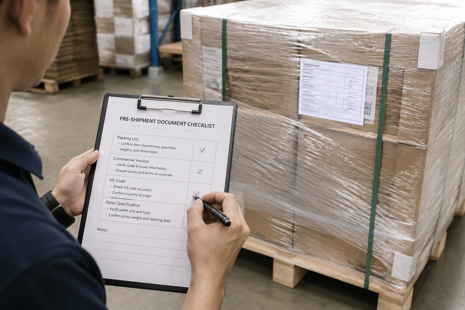 Pre-shipment document checklist with packing list, invoice, HS code, and pallet specification notes