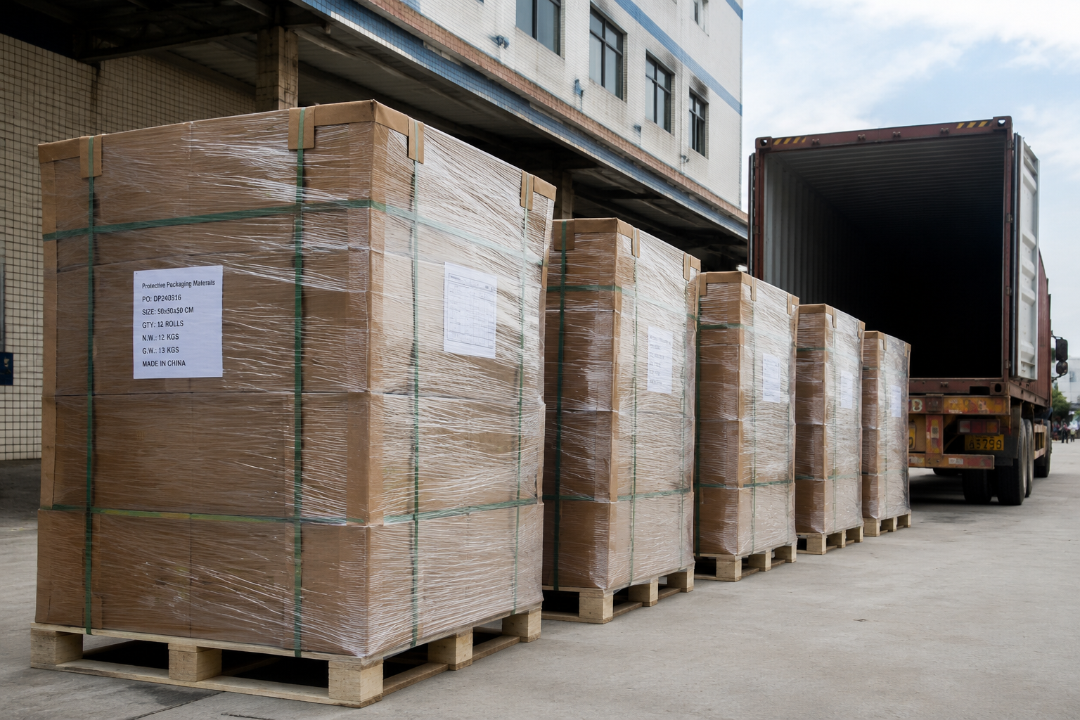 Export pallets of carton-packed packaging materials stretch wrapped with edge boards and visible pallet labels before container loading