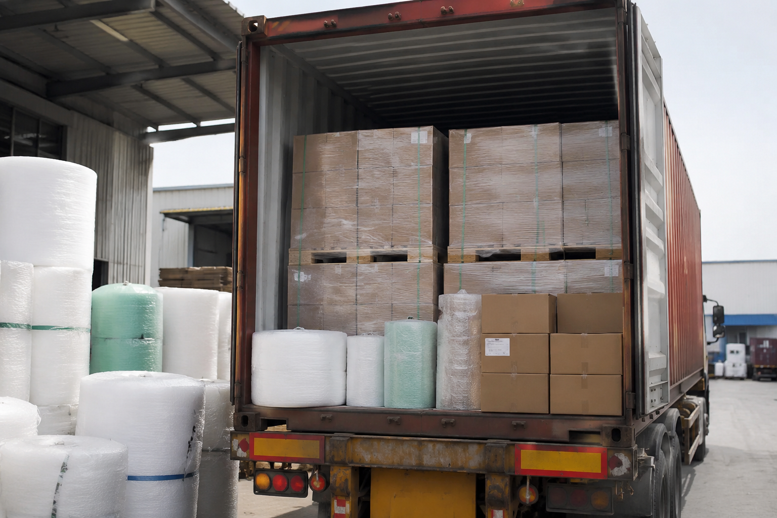 Container loading scene with palletized and floor-loaded cartons of packaging materials arranged for export shipment