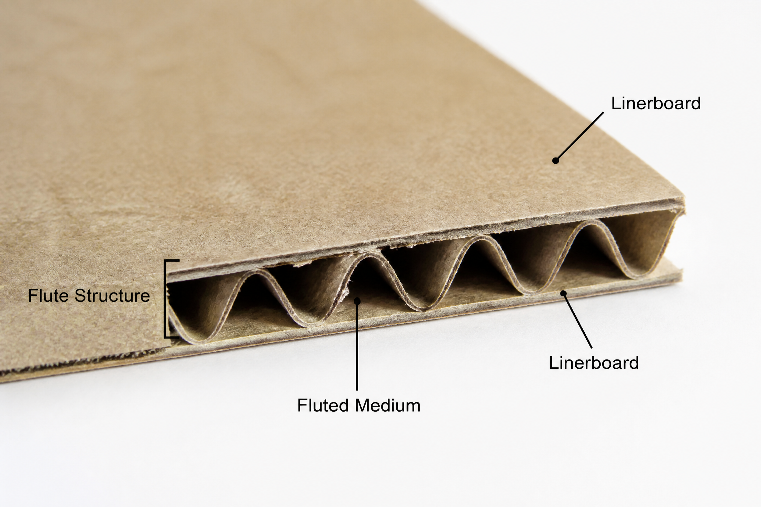 Cross-section diagram of corrugated board showing the linerboard, fluted medium, and flue structure