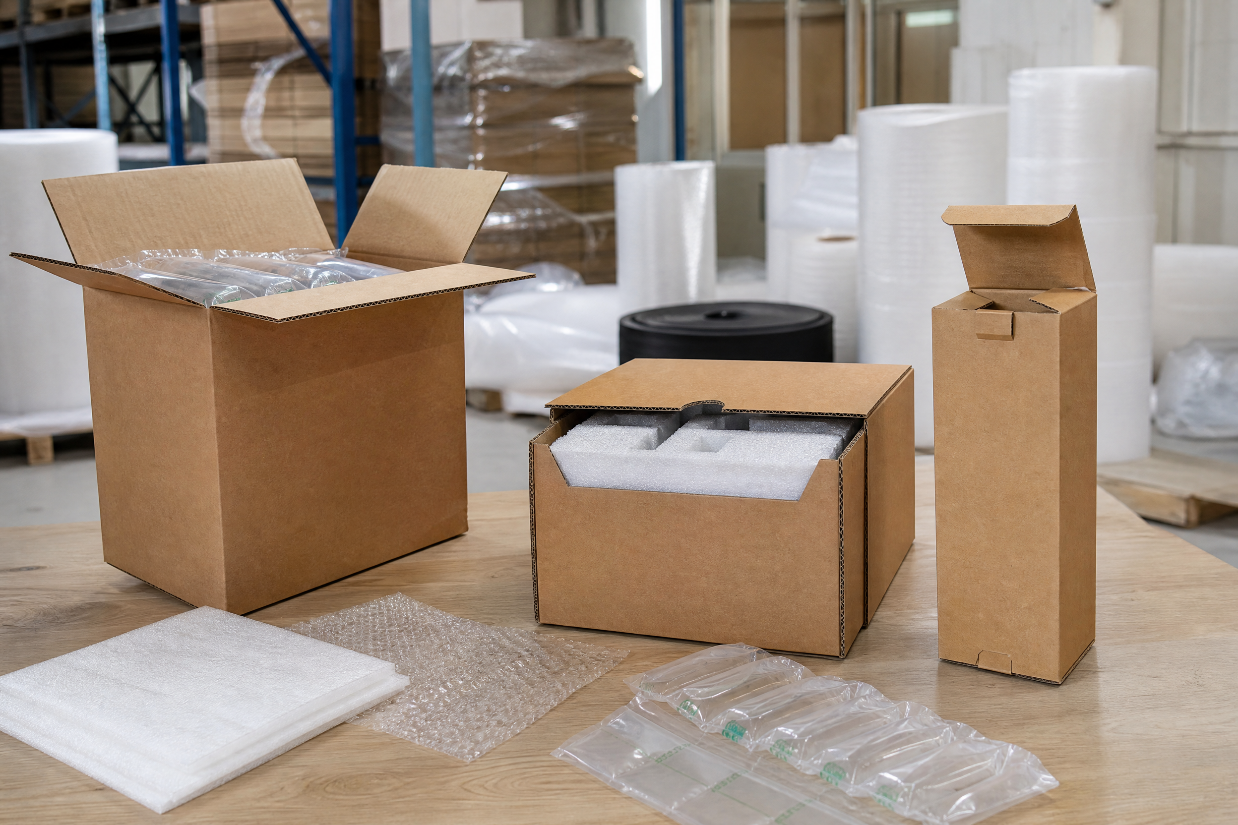 Different corrugated box styles including an RSC, half-slotted container, and auto-lock bottom box on a warehouse packing table