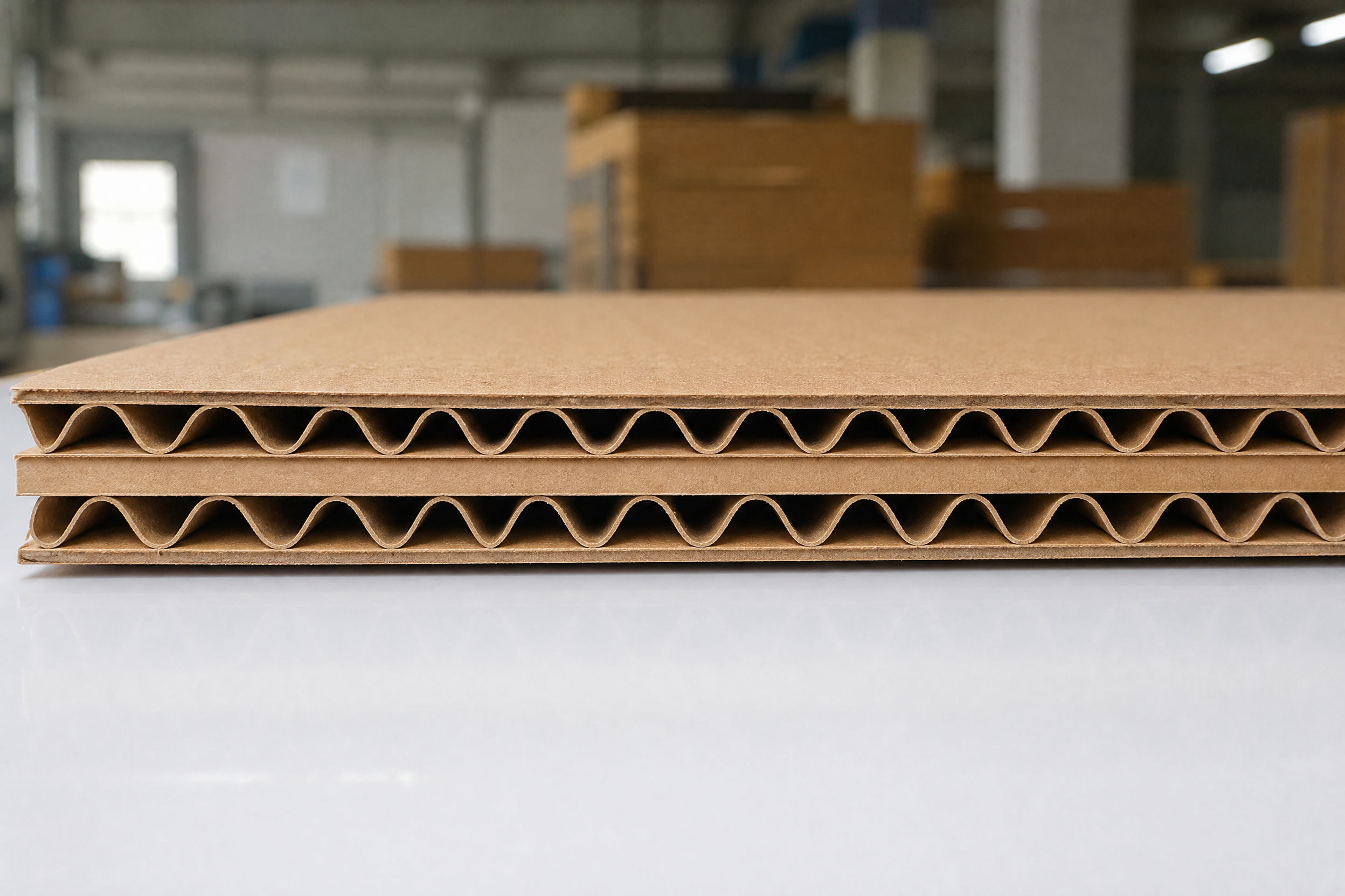 Cross-section of double-wall BC-flute corrugated board showing two fluted layers between three liners